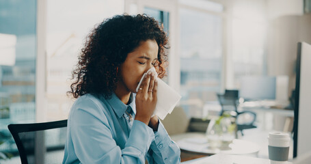 Woman, blow nose and sick in office with sinus allergy, flu symptoms and congestion at tech....
