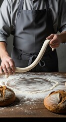 Baker Stretching Dough on Wooden Table.