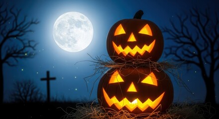 Two carved jackolanterns stacked on hay in front of a full moon and a cross