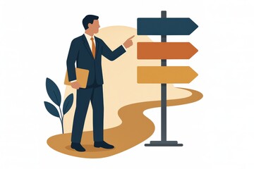 Professional man standing at a crossroad holding a folder and pointing towards direction signages representing decision making exploring choices and navigating career pathways enhances
