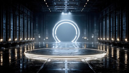 Futuristic, industrial interior with glowing circle