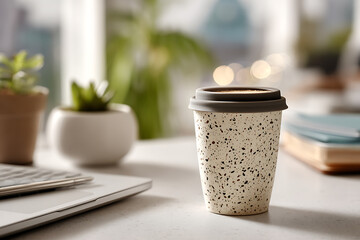 Reusable coffee cup sitting on desk in modern office setting with plants and laptop