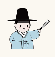 Korean scholar character illustration in a gat hat holding a folding fan