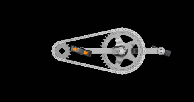 Side view of bike chain transmission with pedal - 3D animation seamlessly loopable isolated on transparent background
