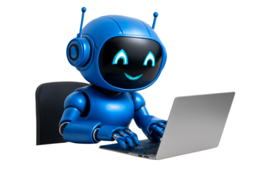 Cheerful blue robot diligently working on a laptop with isolated transparent design background