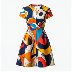 Colorful geometric pattern dress displayed on a clean white background, highlighting design