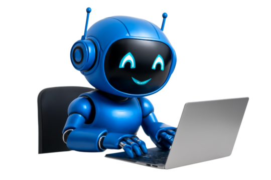 Cheerful blue robot diligently working on a laptop with isolated transparent design background