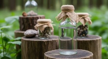 Glass bottles with natural ingredients displayed on wooden stumps in a forest setting