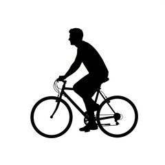 Obraz premium Silhouette of a man riding a bicycle with a classic frame and visible pedals in a side view on white background created with generated ai
