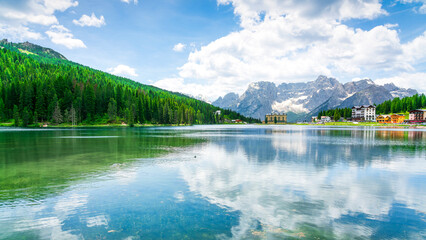 Lake Misurina panorama in Dolomites Alps, Veneto, Italy