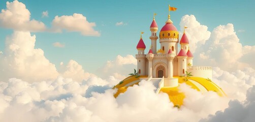 Whimsical lemon dessert castle on fluffy clouds, sunny hills,  bright,  background
