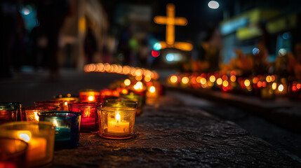 Colorful candle cups glowing during Holy Week. Holy Week. Easter.