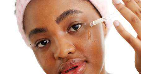 Serum, skincare and portrait of black woman in studio for cosmetics, collagen benefits and beauty...