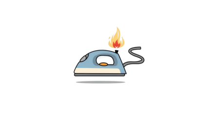 A light-blue iron is depicted in a simple graphic, with flames erupting from its top, showcasing a malfunction.