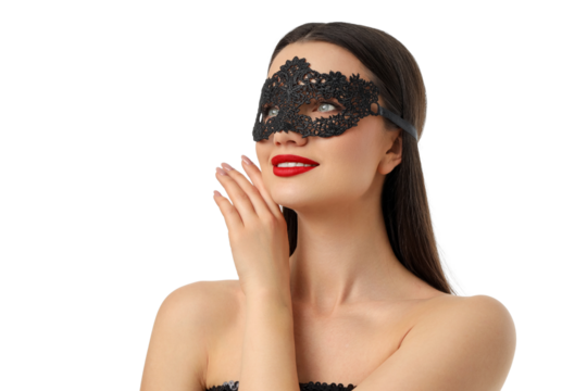 Woman in lace mask, red lips, long hair, isolated, PNG