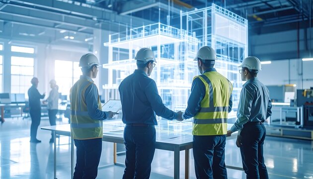 Architects Reviewing 3D Hologram of Building at Construction Site with Engineering.