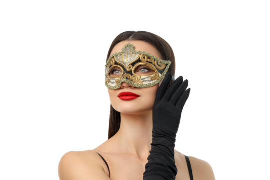 Woman showcases beauty with a mask and red lips, isolated, PNG