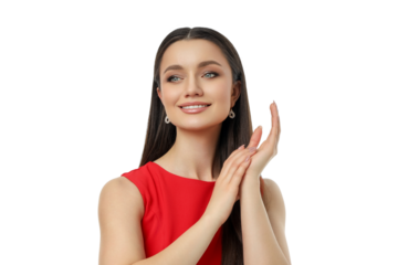 Elegant woman smiling with hands clasped, isolated, PNG