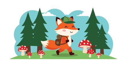 Fototapeta premium A cute cartoon fox wearing a backpack and hat goes on a woodland adventure.