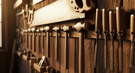 Hand tools hanging on wooden workshop wall