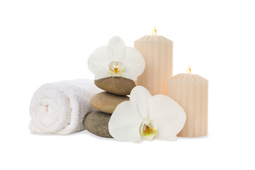 Spa essentials: candles, warm towels, stones, on white, PNG