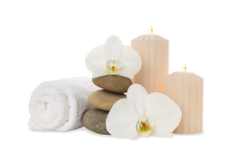 Spa essentials: candles, warm towels, stones, on white, PNG