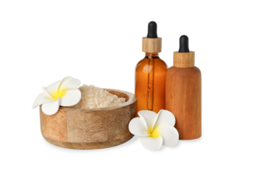 Wooden bowl of salt, two glass bottles, flowers, on white, PNG