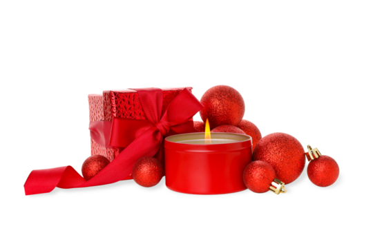 Embrace tranquility with red decor and candles, on white, PNG
