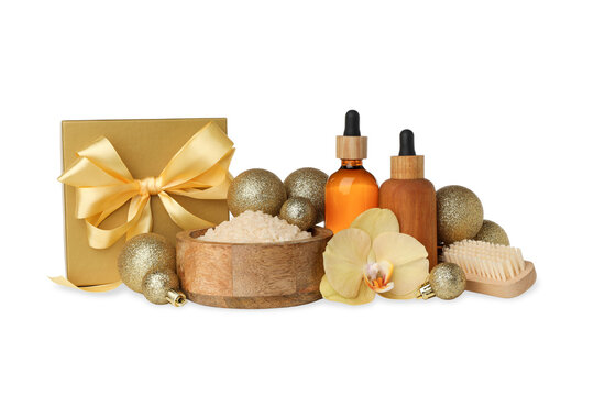 Relaxing spa gift set with holiday decor, on white, PNG