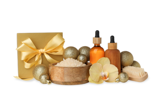 Relaxing spa gift set with holiday decor, on white, PNG