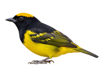 A detailed profile view of a vibrant yellow and black songbird, showcasing intricate plumage patterns against a pure black background.