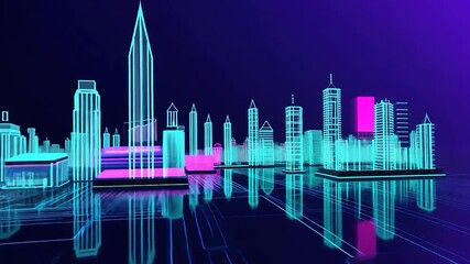 Neon cityscape on a digital circuit board - Powered by Adobe