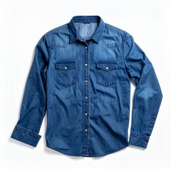 Denim button-up shirt laid flat against a stark white backdrop providing a clean visual