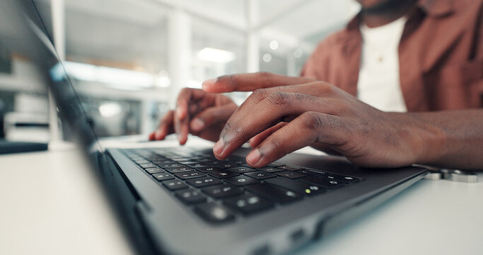 Hands, business man or editing on keyboard for draft report, research info or fact checking story. Typing articles, content writing or journalist with technology, review or proofreading for agency