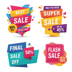 A collection of four colorful promotional sale banners with various discount percentages and special offer texts, featuring modern geometric designs.