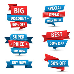 A collection of six colorful sale and discount tags, including 'Big Discount 50% Off', 'Special Offer Only Today', 'Super Price Buy Now', 'Best 50% Off', and 'Buy Now'.
