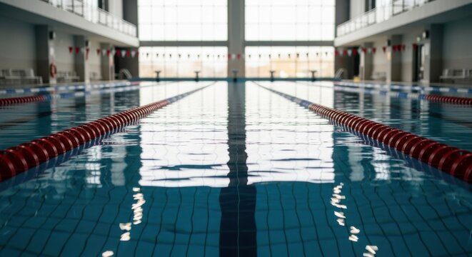 Indoor swimming pool with clear blue water and red lane markers, reflecting the light from large windows