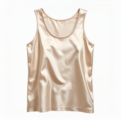 Elegant satin tank top in a soft, muted gold color isolated against a pristine white backdrop