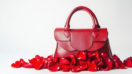 Red Leather Handbag with Rose Petals.