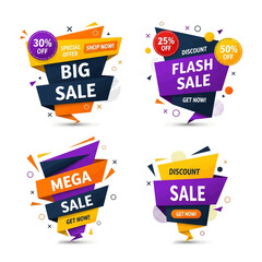 Colorful sale banners with discount offers and geometric shapes for promotional marketing.