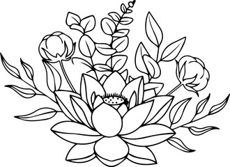 Fototapeta premium Elegant hand-drawn floral bouquet featuring lotus and eucalyptus, perfect for serene branding and natural designs