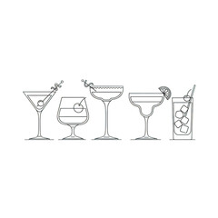 Collection of cocktail glasses with garnishes isolated on transparent background
