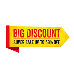 Yellow and red banner announcing a big discount with up to 50% off.