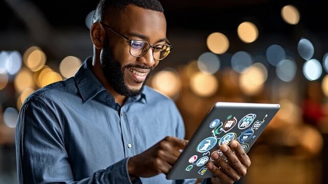 Smart tech user: An intelligent individual wearing stylish glasses is engaged with their tablet. He radiates the impression of attentiveness as he explores the screen.
