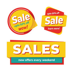 Collection of three vibrant sale and discount banners with text like 