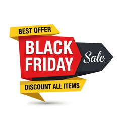 Black Friday Sale banner with best offer and discount all items text on a red and black arrow shape, promoting retail shopping.