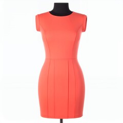 Vibrant coral sheath dress displayed on a mannequin against white backdrop