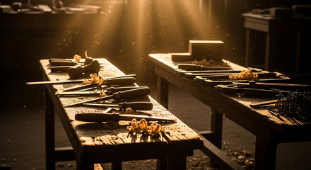 Students sanding wood in sunlit workshop