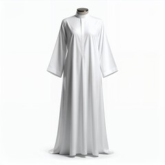 Elegant white robe on a mannequin, minimalist clothing design against a clean white backdrop
