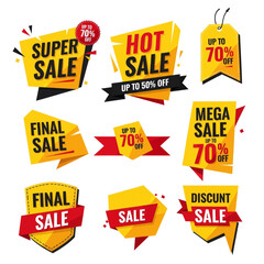 Collection of various sale banners and tags in yellow and red colors.